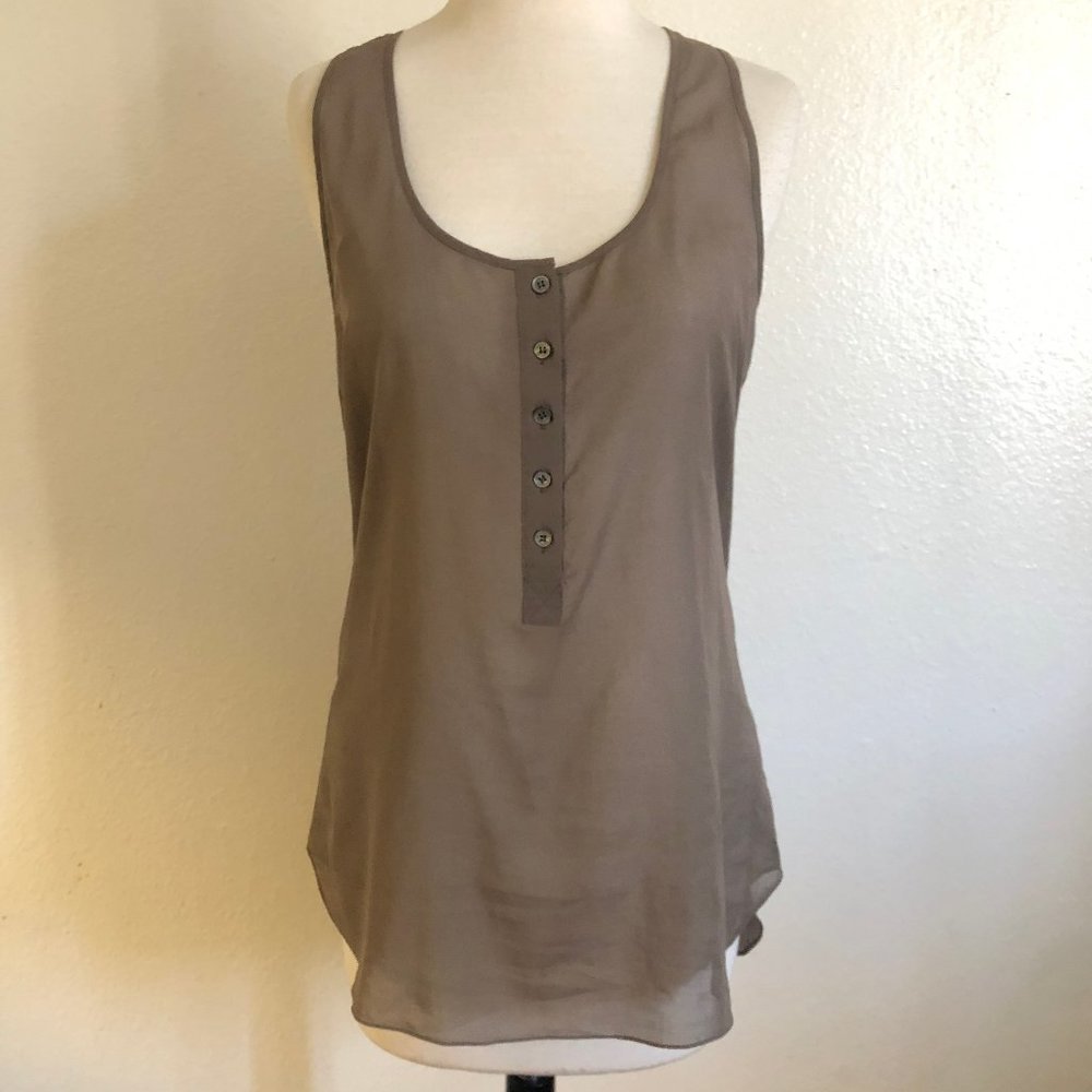 Theory Gray Brown Sheer Button Front Racerback Ov… - image 1